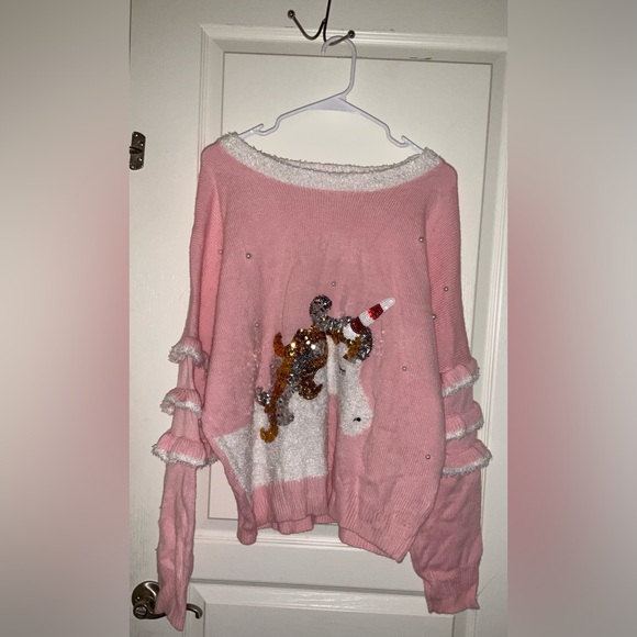 Ugly pink Christmas sweater with sequined unicorn & ruffled arms - Picture 1 of 6